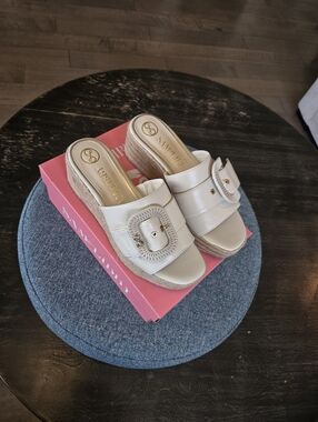 Sam & Libby Crysta Ivory Wedge Slide Sandals with Decorative Buckle Accent